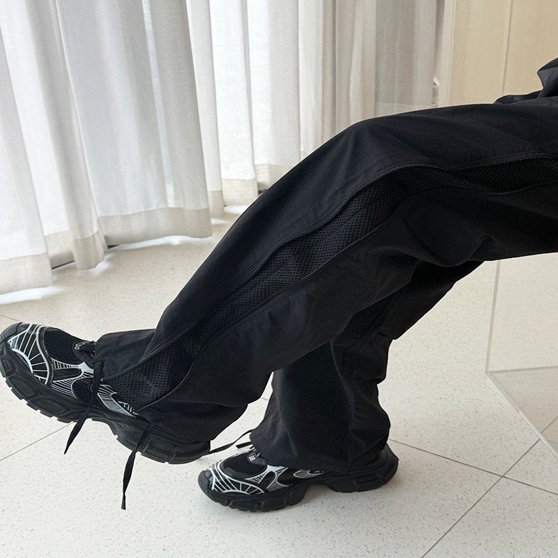 Pantalones casuales rectos sueltos y finos de malla lateral