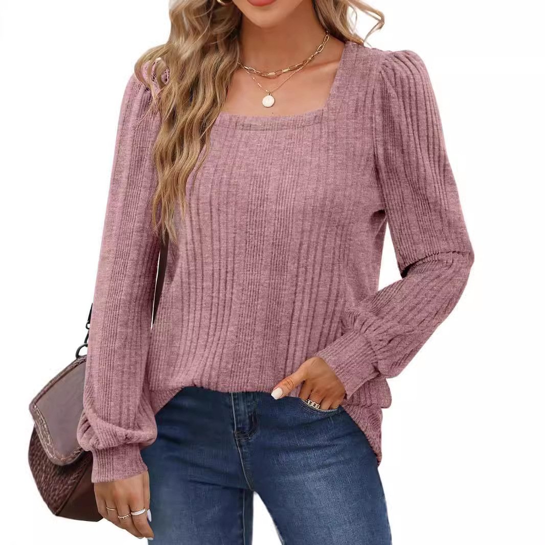 Top de manga larga informal de cuello cuadrado acanalado para mujer