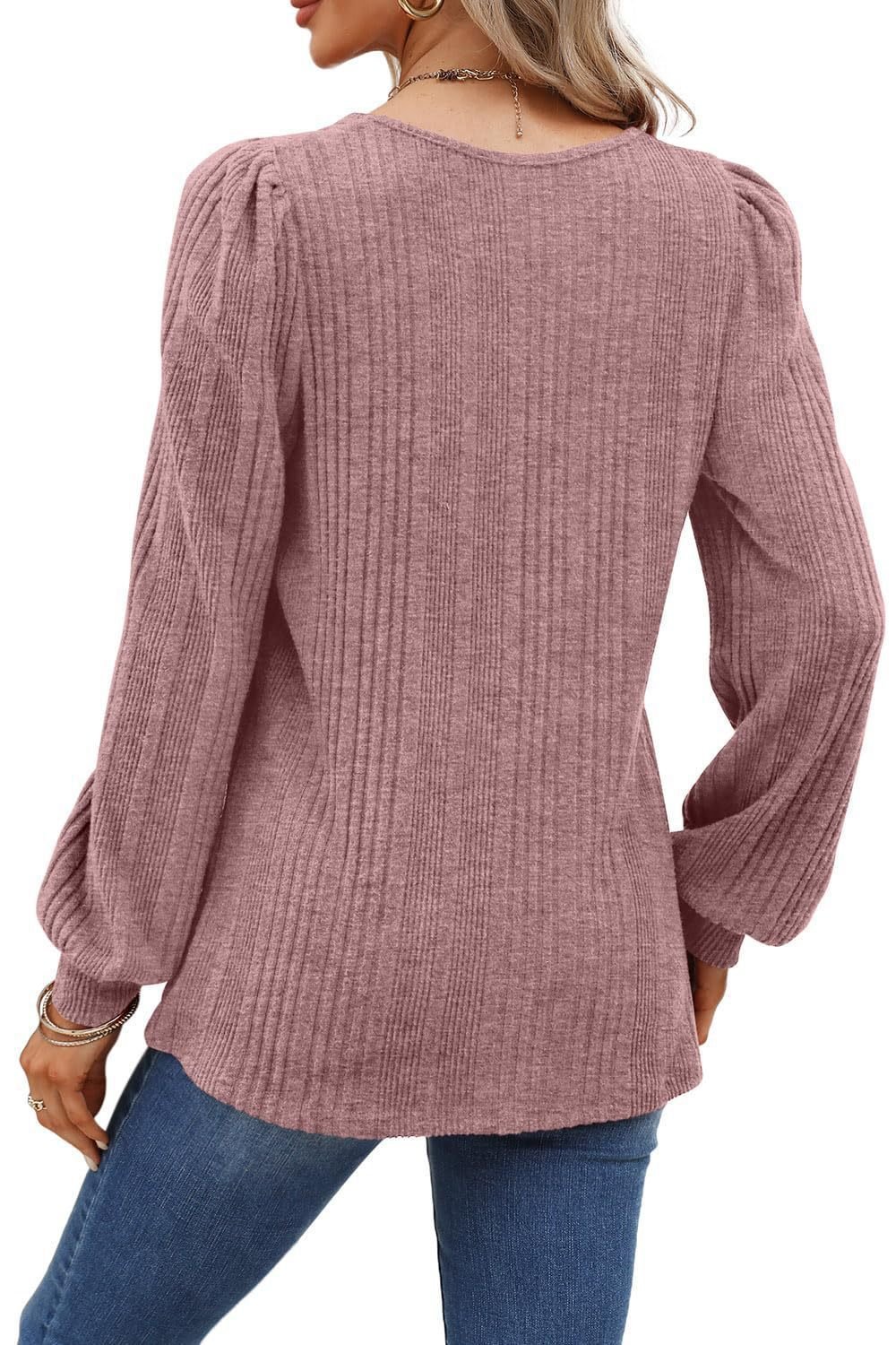 Top de manga larga informal de cuello cuadrado acanalado para mujer - Imagen 2