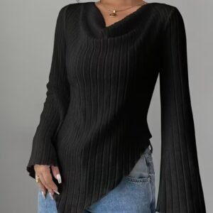 Camiseta de manga larga con cuello en V, color liso